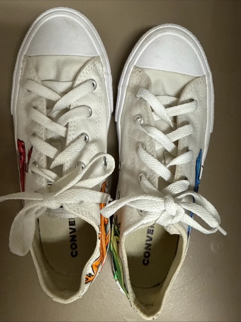Kids Leaping Lizard Salamander Newt White Low Top Converse Size 4
